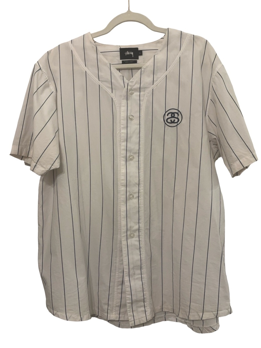 Stussy White Baseball Jersey with Navy Pinstripes